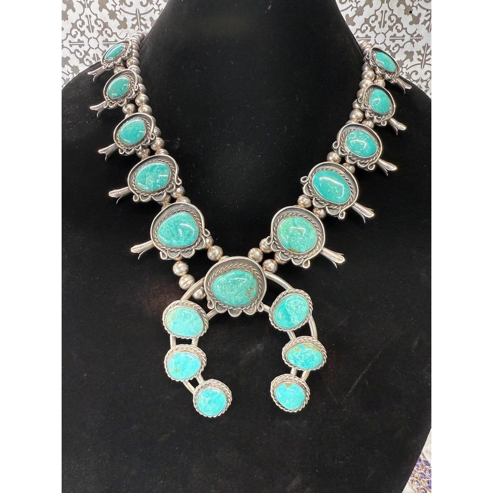 Native American Squash Blossom Necklace Turquoise & Sterling Silver 28” Vintage